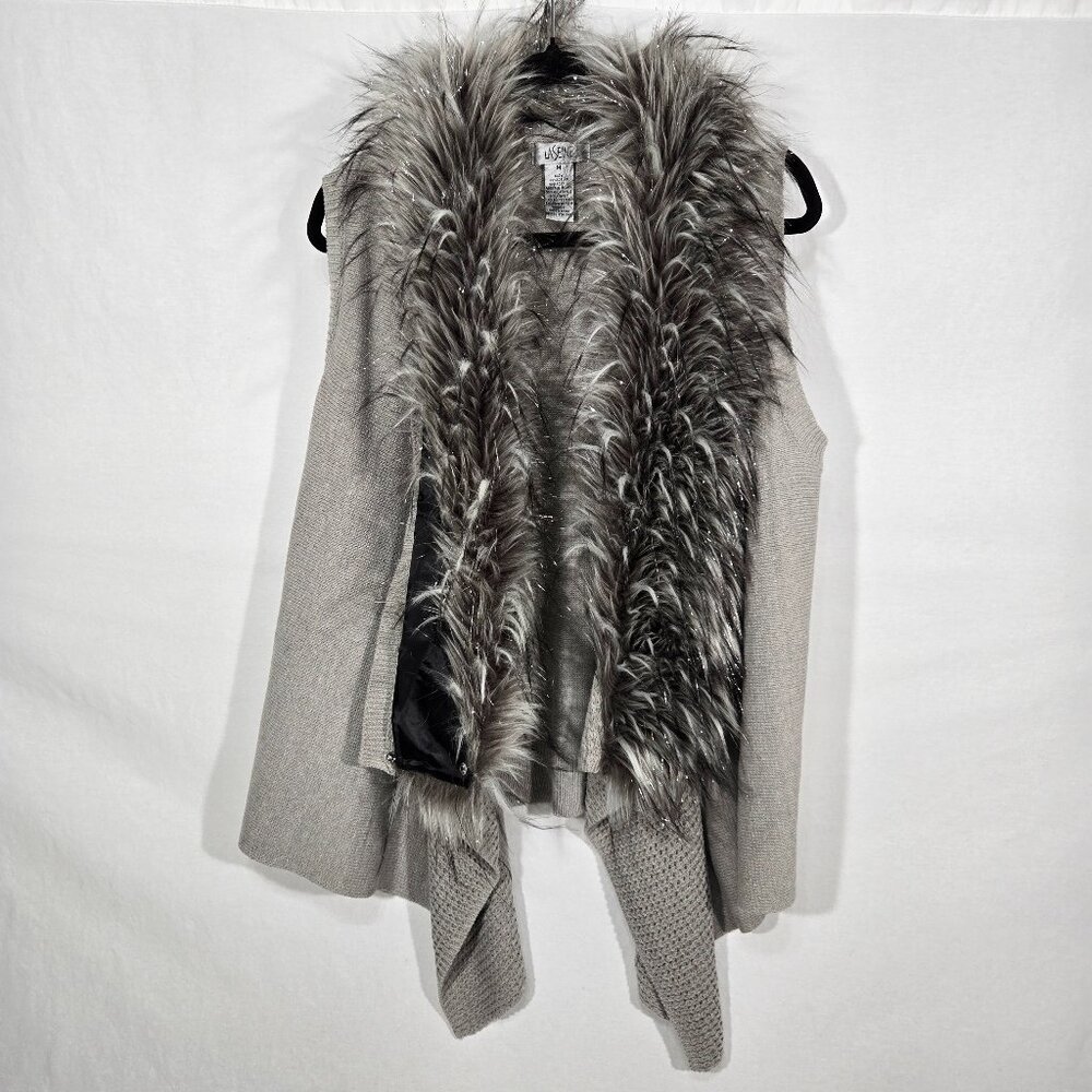 Vintage GRAY Metallic Faux Fur Collar Asymmetrical Hem Open Knit Cardigan Size M
